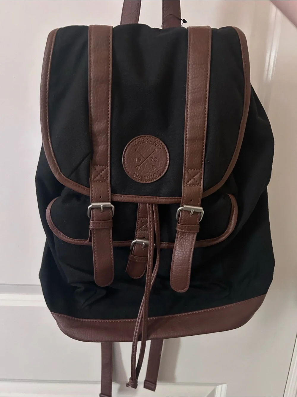Unisex Empyre Black Canvas Backpack, Brown Faux Leather Buckle Straps, NWT